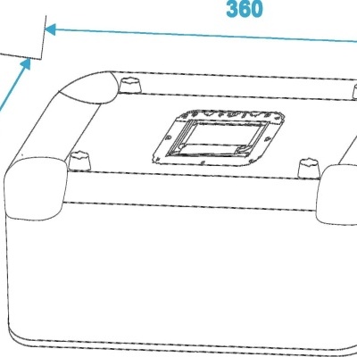 Dispositivo retangular branco com cantos arredondados e placa retangular no topo com dimensões