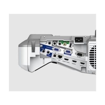 Parte traseira de projetor branco com múltiplas portas e entradas de áudio, vídeo e energia