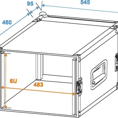 Desenho técnico de estojo retangular para equipamento com alças laterais e medidas