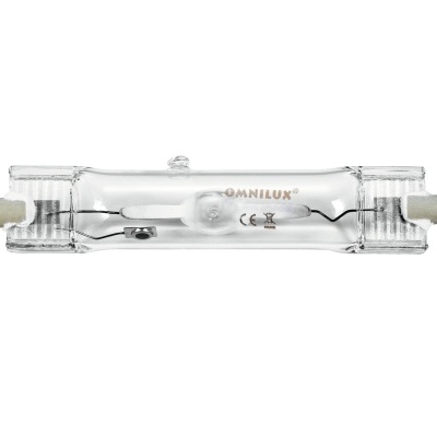 Lâmpada halógena linear transparente com texto OMNILUX CE