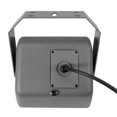 Câmara de segurança cinza com suporte metálico e cabo preto
