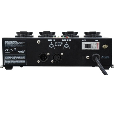 Dispositivo eletrônico preto com conectores DMX e interruptor