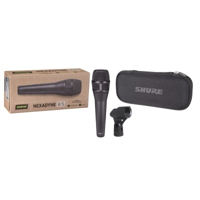 Microfone preto Shure Nexadyne 8/S com estojo, suporte e caixa