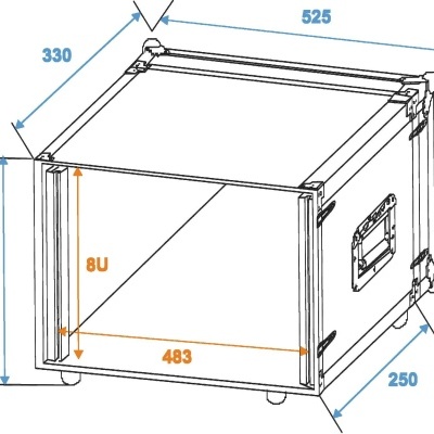 Desenho técnico de um case de equipamento branco com dimensões e anotações.