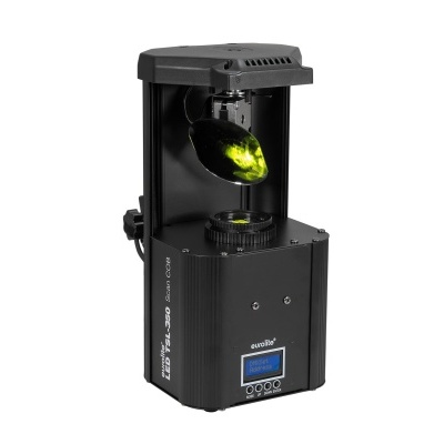 Projetor de iluminação profissional preto com lente amarela e visor azul