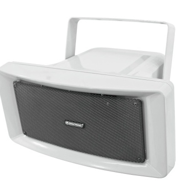 Coluna de som branca com grelha preta e suporte alça