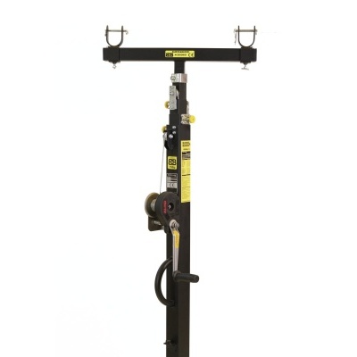 Suporte de carga metálico preto com alavancas e etiquetas amarelas