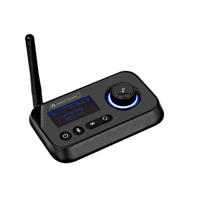 Dispositivo de comunicação preto com antena e ecrã digital azul