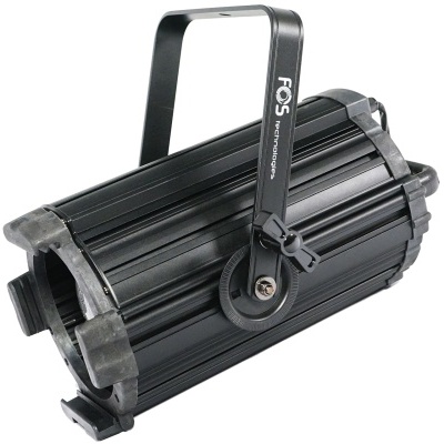 Projetor ou luz tipo fresnel preta com alça ajustável e texto FCS