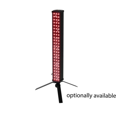 Luz LED vertical preta com LEDs vermelhos acesos em trípode, texto 'optionally available'.