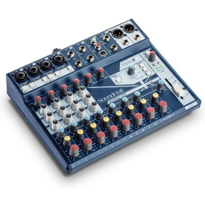 Mesa de mistura de som Soundcraft azul com botões coloridos e conectores