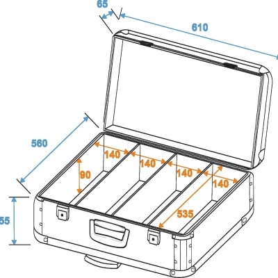Desenho técnico de uma mala aberta com divisórias internas e medidas em milímetros.