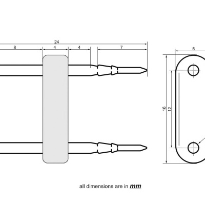Desenho técnico de peça metálica com duas hastes e dimensão em mm