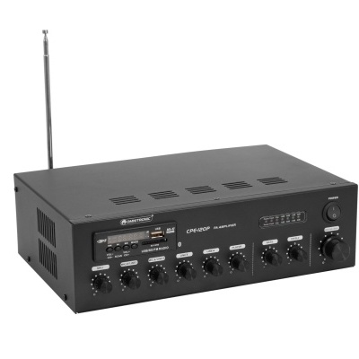 Amplificador preto com vários botões e antena telescópica