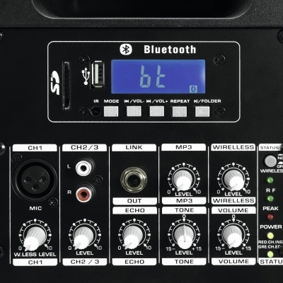 Painel traseiro de equipamento de som preto com controlos e portas de conexão