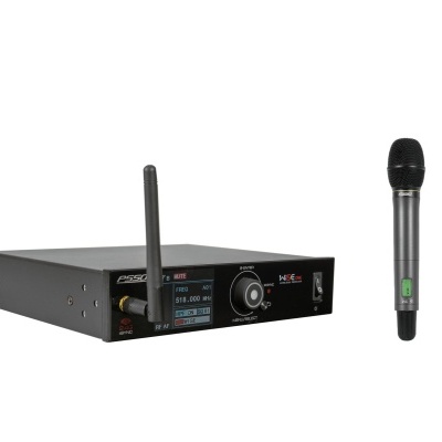 Microfone sem fios preto e receptor com visor e antena