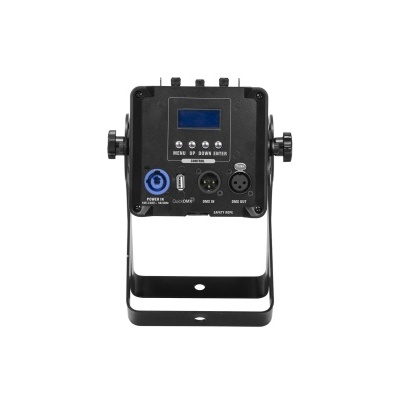 Equipamento áudio preto com botões, conetores e visor azul sobre fundo branco