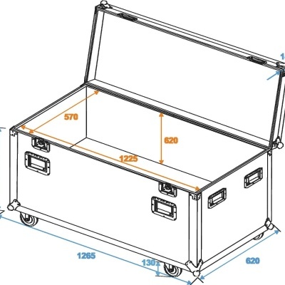 Desenho técnico de baú de armazenamento com tampa aberta e medidas