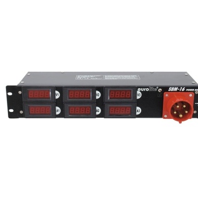 Dispositivo SRM-16 Power Monitor preto com seis displays digitais vermelhos e ficha vermelha para montagem em rack