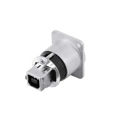 Conector elétrico metálico com isolamento plástico preto e suporte quadrado prateado