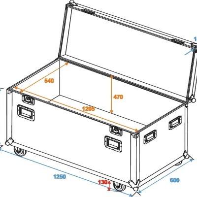 Caixa baú branca retangular com rodas e alças, dimensões em milímetros indicadas