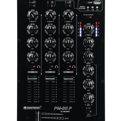 Mesa de mistura DJ OMNITRONIC PM-311 P preta com botões giratórios e USB