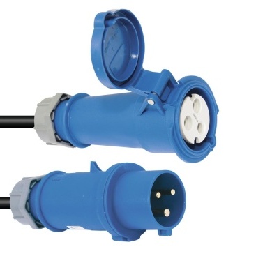 Conjunto cabo elétrico com ficha e tomada azuis de três pinos