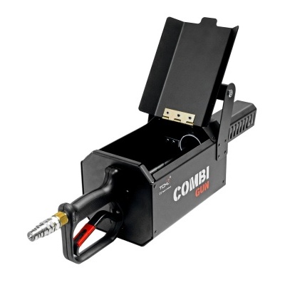 Máquina de fumos preta com tampa aberta e cabo preto