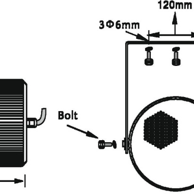 Desenho técnico de dispositivo cilíndrico com medidas e placa de ajuste de ângulo