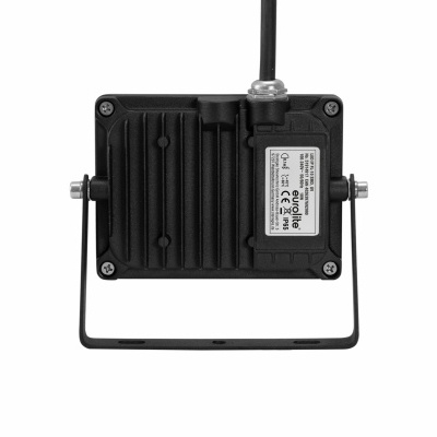 Projeção retangular preta com suporte ajustável e etiqueta técnica