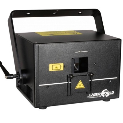 Projetor de laser preto da marca LASERWORLD com etiquetas de aviso amarelas.