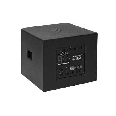 subwoofer preto cubo com painel traseiro e texto AZXELERA