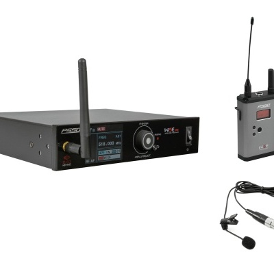 Sistema de microfone sem fios com recetor, transmissor e microfone de lapela