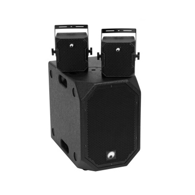 Coluna de som preta com duas colunas pequenas montadas em cima