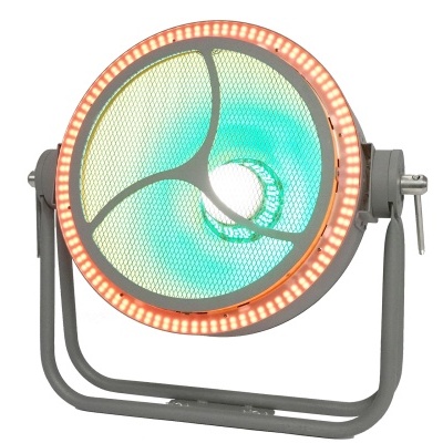 Luz de estúdio fotográfico redonda com LEDs laranjas e padrão interno azul e verde