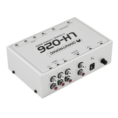 Dispositivo áudio branco Dimetronic LH-026 com conexões RCA e botões