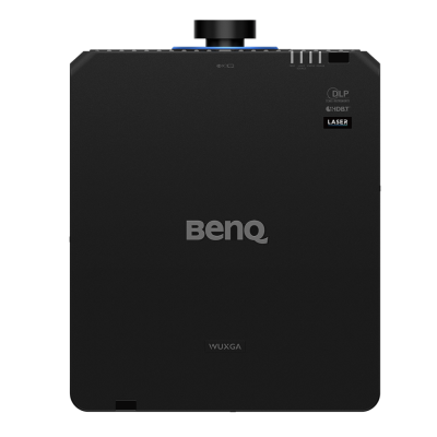 Projetor BenQ preto com lente superior e texto 'WVUXGA', 'DLP', 'HDBaseT', 'LASER'