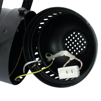 Luminária preta cilíndrica com fios elétricos expostos e conector branco