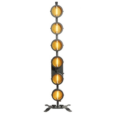 Lâmpada de pé vertical com seis círculos luminosos amarelos alaranjados e estrutura metálica preta