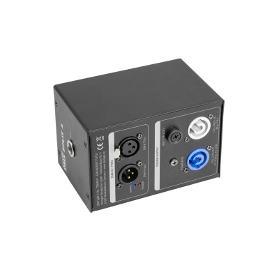 Caixa eletrónica preta com vários conectores e texto branco num fundo branco