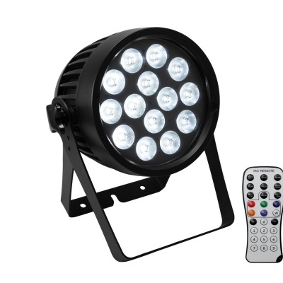 Refletor LED redondo preto com 16 lâmpadas e comando remoto branco