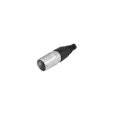 Conector XLR metálico prateado com parte preta em material plástico