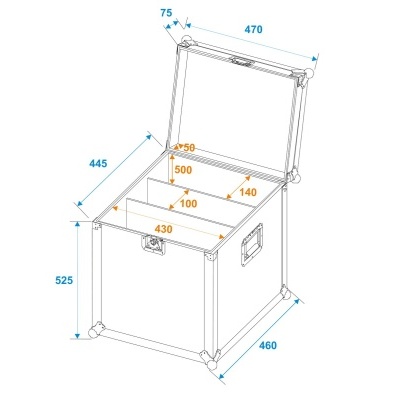 Baú branco para armazenamento com tampa aberta e medidas em azul e laranja.