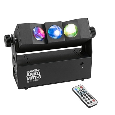 Dispositivo de iluminação Eurolite preto com três lentes coloridas e telecomando branco