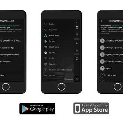 Três smartphones com app de rádio em alemão e logos do Google Play e App Store