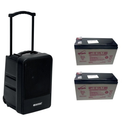 Coluna de som portátil preta com rodas e alça extensível junto a duas baterias recarregáveis epfun NP7-12 12V 7.0AH