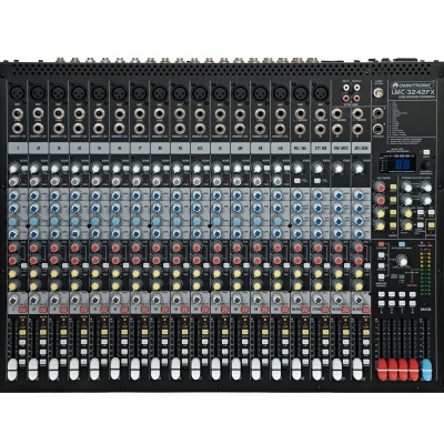 Mesa de mistura de áudio GS122FX com vários canais e controlos coloridos.