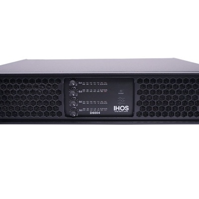 Amplificador áudio profissional IHOS D3804 preto com painel frontal grelha hexagonal e LEDs