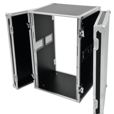 Caixa rígida preta metálica com duas portas abertas