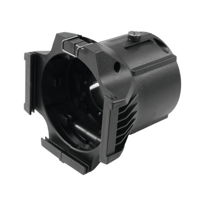 Suporte ou peça de plástico preto cilíndrica com recortes e textura lisa